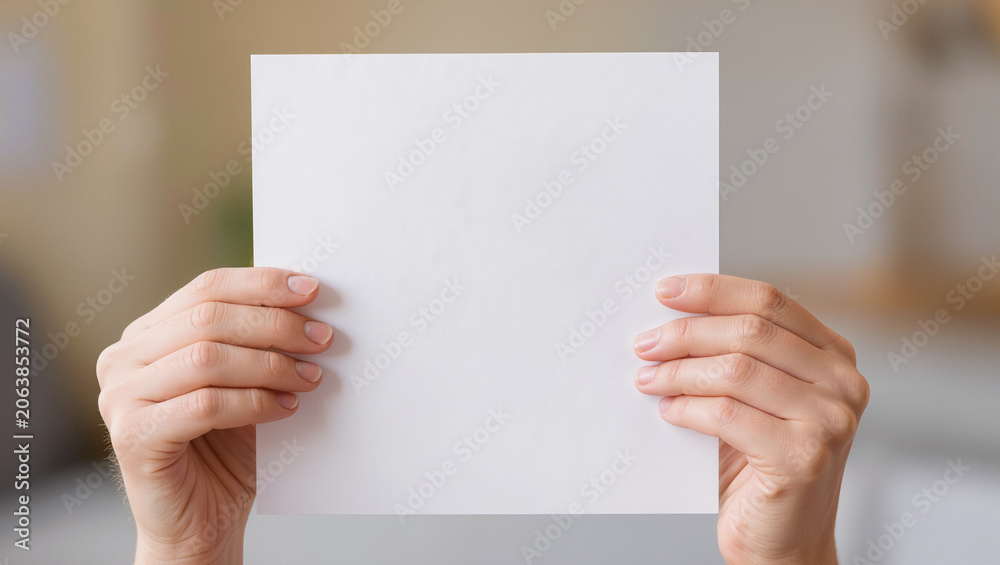 Obraz premium Hands Holding Blank Rectangular White Paper Sheet Card Sign