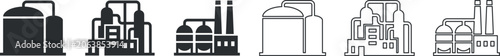 Industrial factory building icon with tanks and chimneys in black and outline styles