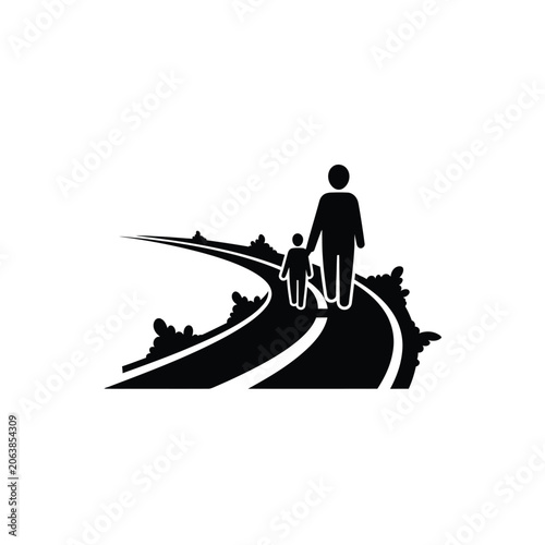 Father and child walking on a road.