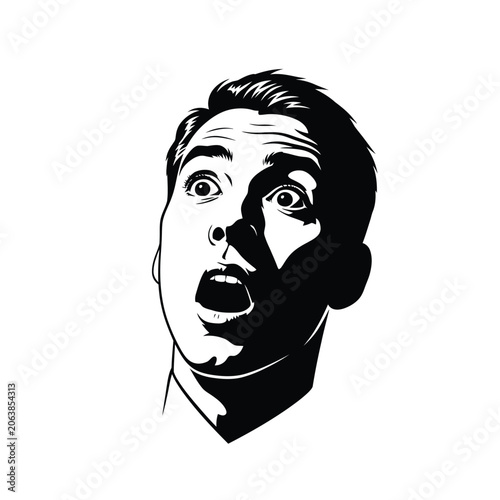 Shocked Man Face Black and White Illustration.