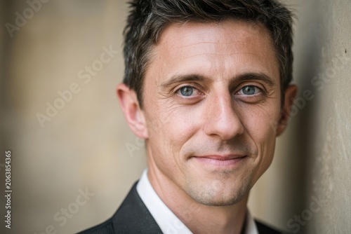 Professional headshot: cheerful male in business attire with shallow depth of field and warm lighting