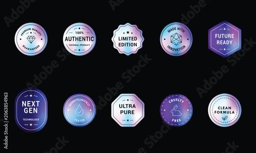 holographic gradient badge label collection with premium quality badge, authentic badge, limited edition badges label collection