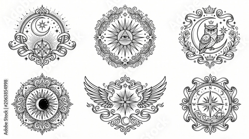 Intricate illustrations of six ornate designs with celestial and winged motifs are displayed.