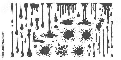 Cuadro en lienzo Set of black liquid drips splatters and sticky slime drops isolated design eleme