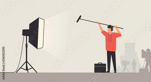 Man adjusting studio lighting equipment for photography or filmmaking with cityscape and crew in background