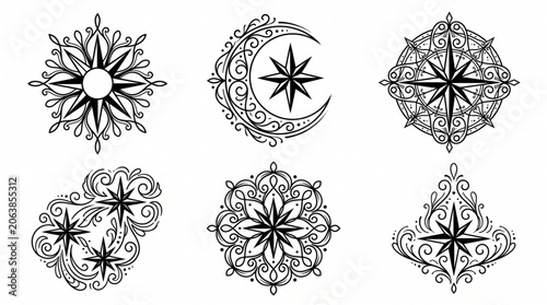 A collection of six intricate black and white mandala designs featuring various symmetrical patterns and shapes including a sun, crescent moon, and compass on a white background.