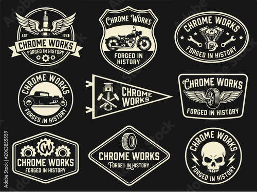 Vintage Chrome Works Automotive and Motorcycle Logo Badges Collection.