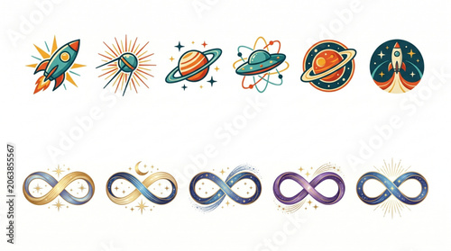 Vibrant illustrations of planets, rockets, and infinity symbols float in space.