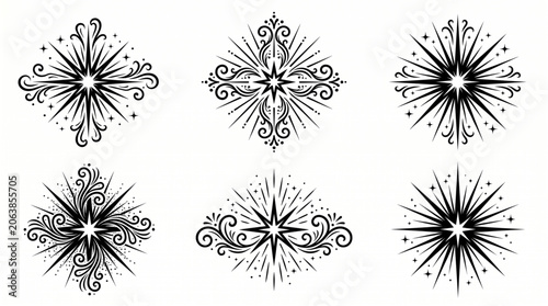 Black illustrations of six symmetrical snowflakes with intricate designs are displayed.