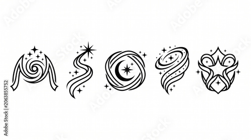 Celestial symbols including stars, crescent moon, and swirling patterns are illustrated.
