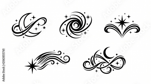 A collection of five swirling graphic designs with stars and moons.