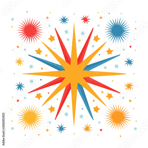 Colorful firework illustration with stars and bursts