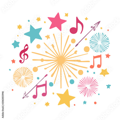 Colorful fireworks and musical notes illustration