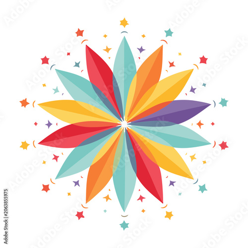 Colorful flat design flower with stars and confetti