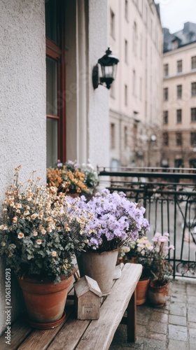 Charming balcony with colorful flowers and historic street view