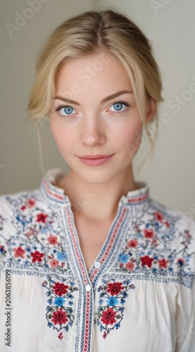 Young caucasian female in embroidered blouse with blue eyes and blond hair