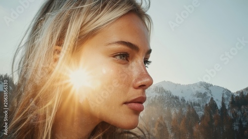 Young woman gazing with sun flare over mountain landscape