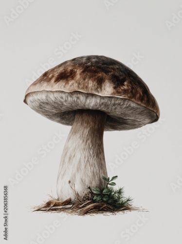 Wild porcini mushroom standing upright on forest floor with moss