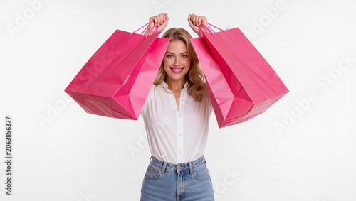 Joyful Woman with Pink Shopping Bags Isolated on White Background