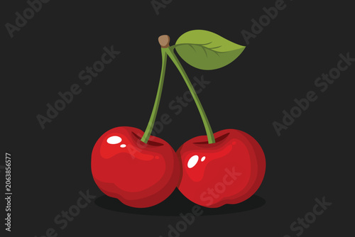 Vector cherry isolated on black background. Vector cherry icon, illustration of two sweet cherries with leaf isolated of white background, summer red berry.