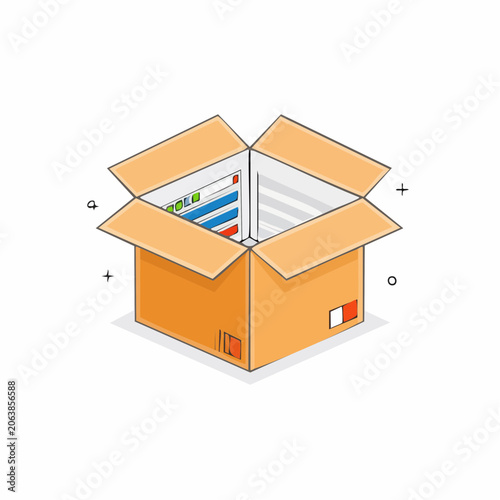 Open Cardboard Box with Documents and Charts