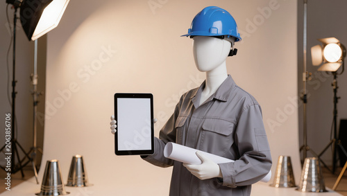 Mannequin Engineer with Hard Hat Holding Tablet & Blueprints in Studio