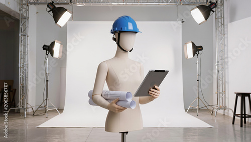 Mannequin Engineer with Blueprint Rolls and Tablet in Photo Studio Setting