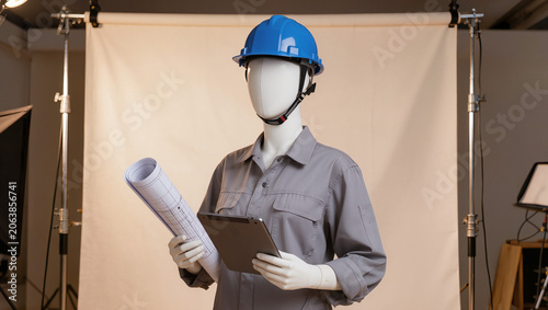 Mannequin Engineer with Hard Hat, Blueprint & Tablet on Studio Backdrop