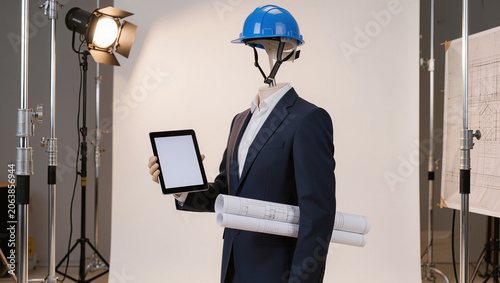 Mannequin in Suit and Hard Hat Holding Digital Tablet and Blueprints