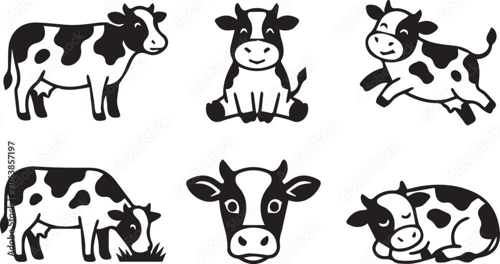 Obraz premium Set of Six Cute Cartoon Cows in Various Poses for Farm Design