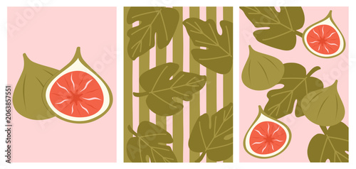 Cute hand drawn pink and green modern trendy summer vector poster illustration set with figs and leaf