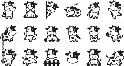 Tableau sur toile Cute Kawaii Cow Icons Set Vector Illustration for Design