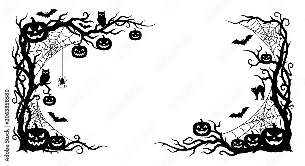 Fotografie Spooky panoramic line art frame with halloween elements