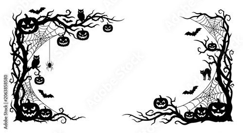 Fotografie Spooky panoramic line art frame with halloween elements