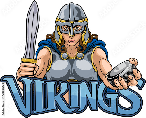 Photography A female viking woman ice hockey sports team cartoon mascot