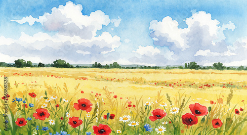 Vibrant poppy flowers blooming in golden wheat field under blue sky  