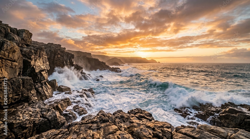 Fototapeta premium Dramatic Coastal Cliff Scene at Sunset with Powerful Ocean Waves