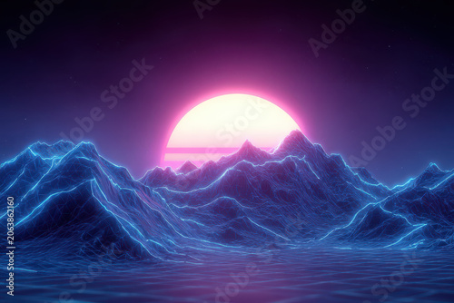 Serene synthwave landscape with blue neon grid mountain under glowing retro sun. nostalgic and futuristic scene