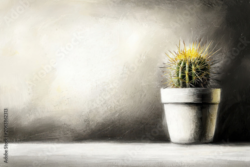 Minimal painting of solitary cactus plant in pot. quiet still life on textured background with dramatic light