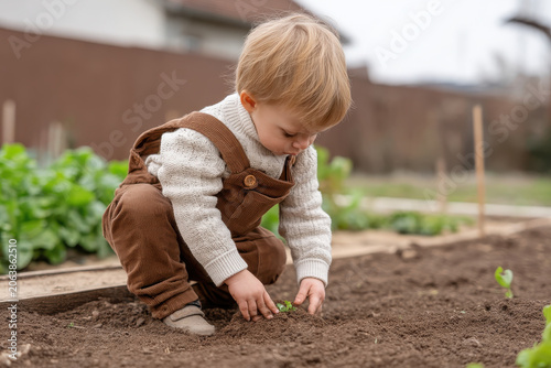 Curious toddler boy in an overall planting in garden soil. young child enjoying fun outdoor learning activity