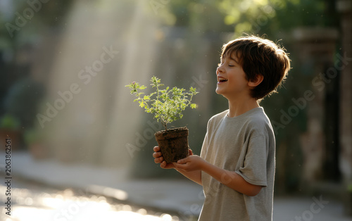 Happy boy laughing, holding small plant with joy under bright sunbeam. hopeful child embracing new life and growth