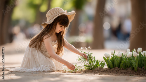 Curious little girl with sun hat in flower garden, gently gardening patch of white tulip during peaceful spring day