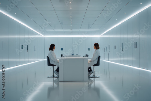 Two serious woman scientists in modern, futuristic medical research laboratory working on an intense project together