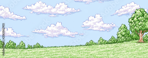 Peaceful cartoon illustration of nature landscape. tranquil background with blue sky, cloud, and green tree