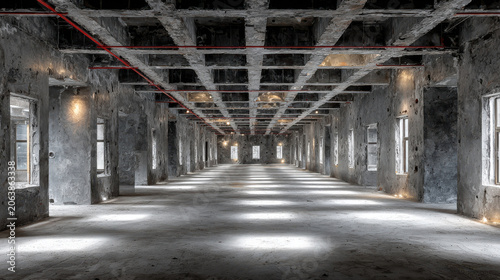 Sunlit concrete interior of vast empty building with geometric architecture. Hopeful, imposing feeling from industrial space