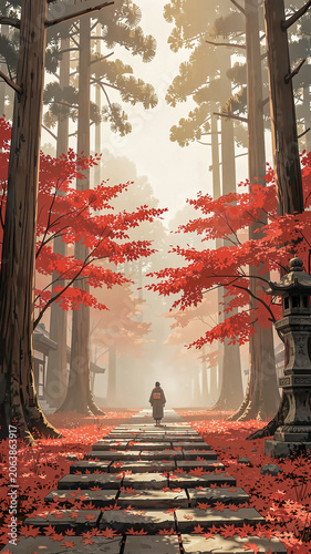 Autumn Shrine Approach with Kimono Figure