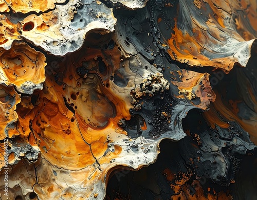 A vibrant abstract artwork with swirling orange, gray, and black colors