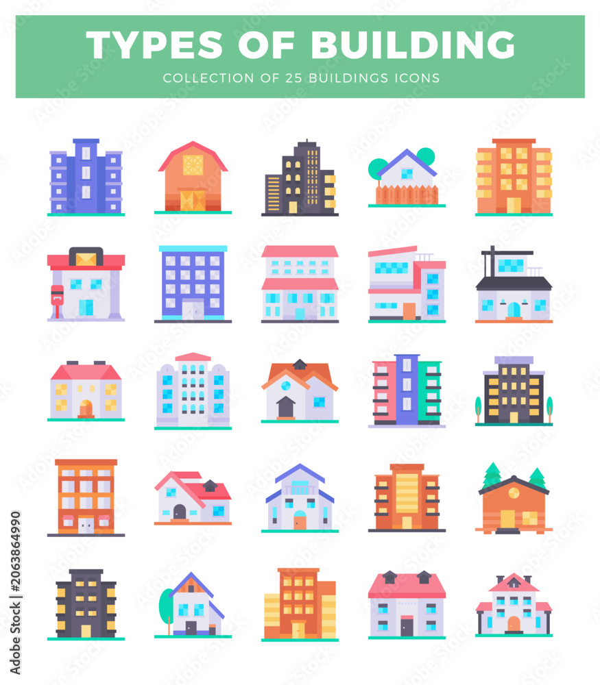 Naklejka premium Flat illustrations of diverse building icons arranged in a grid. Vector graphic collection for architecture. urban planning. or real estate.