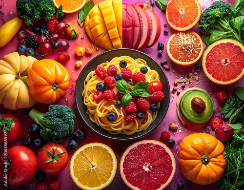 A vibrant arrangement of fresh fruits and vegetables surrounds a plate of pasta