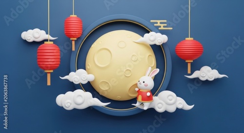 3D Mid-Autumn Festival scene with moon and rabbit.